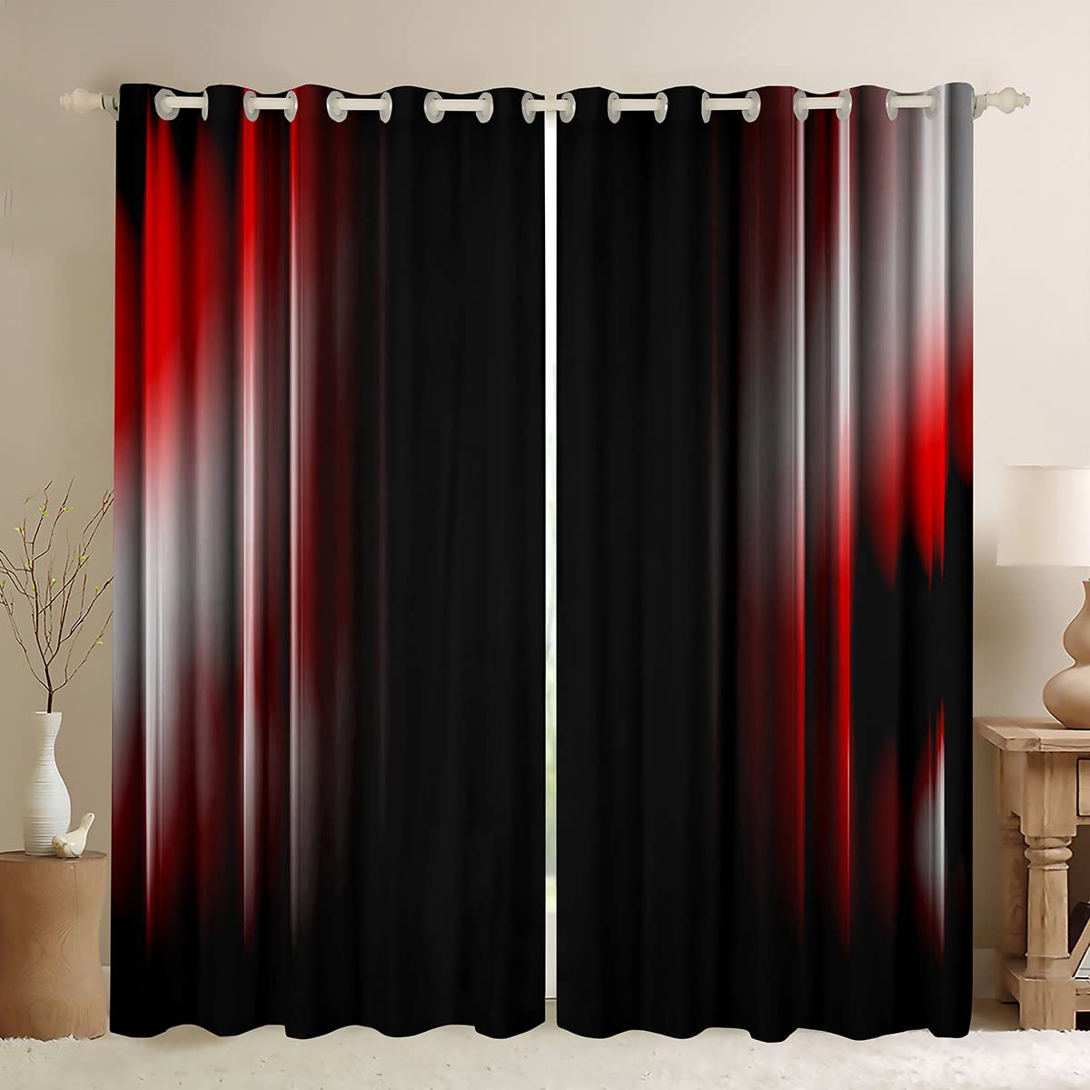 Geometric Abstract Ombre Curtains Teens Grey White Red And Black Striped Window Curtains for Bedroom Living Room Kids Boys Girls Simple Modern Window Drapes Treatments, W66*L72*2