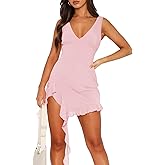 MIYIEONZ Women Sleeveless Sexy V Neck Bodycon Mini Dress Summer Side Slit Mesh Irregular Ruffle Hem Backless Short Dress