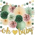 Dusty Rose and Sage Green Baby Shower Decorations Paper Lanterns Tissue Paper Pom Poms Olive Sage Green and Dusty Pink Party Decorations with Oh Baby Banner Gold for Baby Girls
