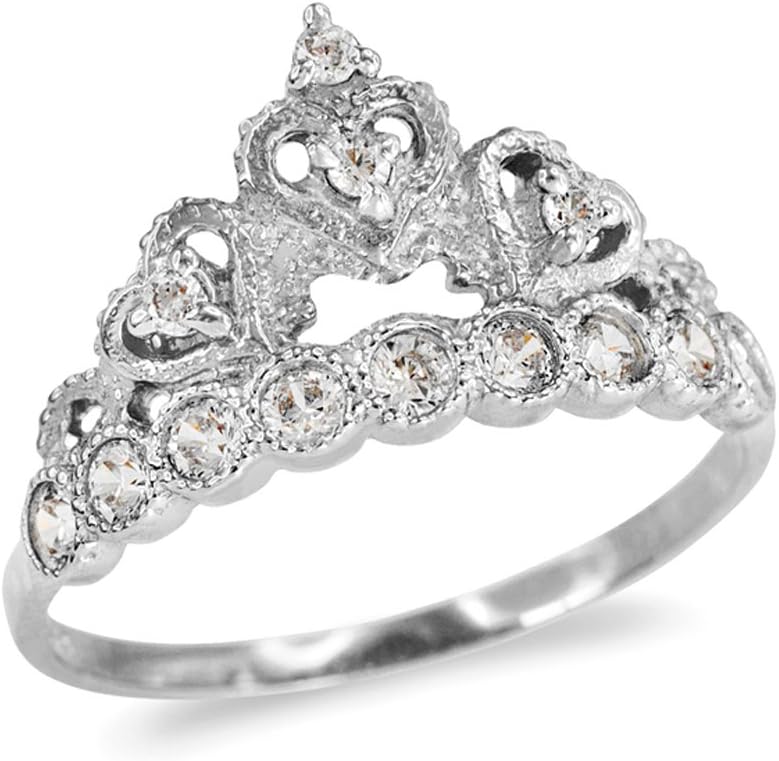Quinceanera Jewelry Princess Crown CZ-Studded Ring in Dainty 10k White Gold
