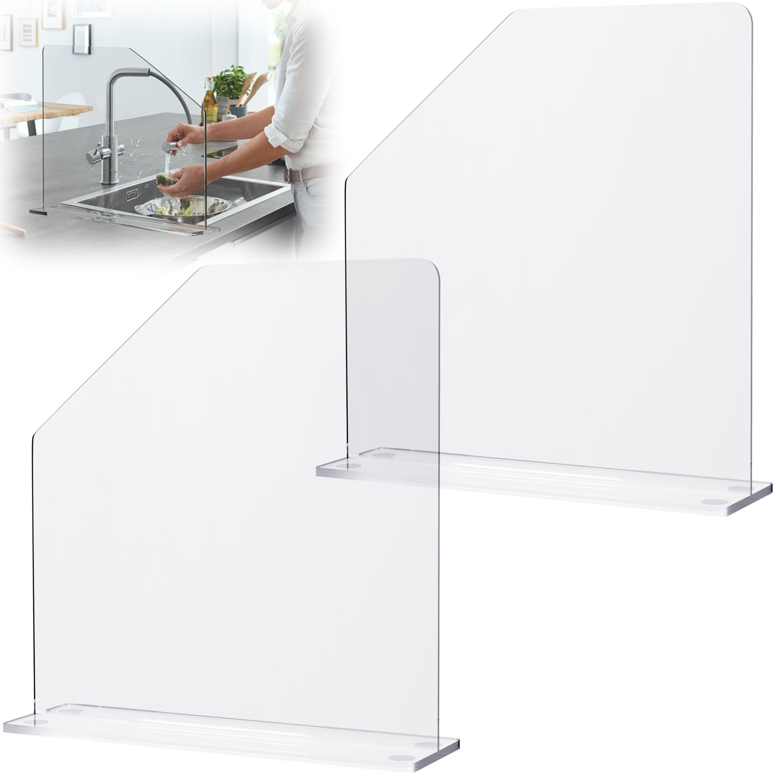 Photo 1 of 2 Pcs Acrylic Sink Splash Barrier, Clear Splatter Barrier, Freestanding Protective Panel with Cutaway, for Kitchen Hospital Labs Office, 15.7" L x 4.5" W x 16.3" H