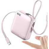 Hichain Small Portable Charger with Built in Cables LED Display, Mini Power Bank 10000mAh 22.5W USB-C Fast Charging Battery Pack, Travel Essential Power Bank for iPhone, iPad, Samsung, Android Pink