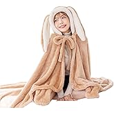 Cute Bunny Ear Wearable Throw Blanket with Hand Gloves for Women Girls Warm Cozy Plush Flannel Hoodie Poncho