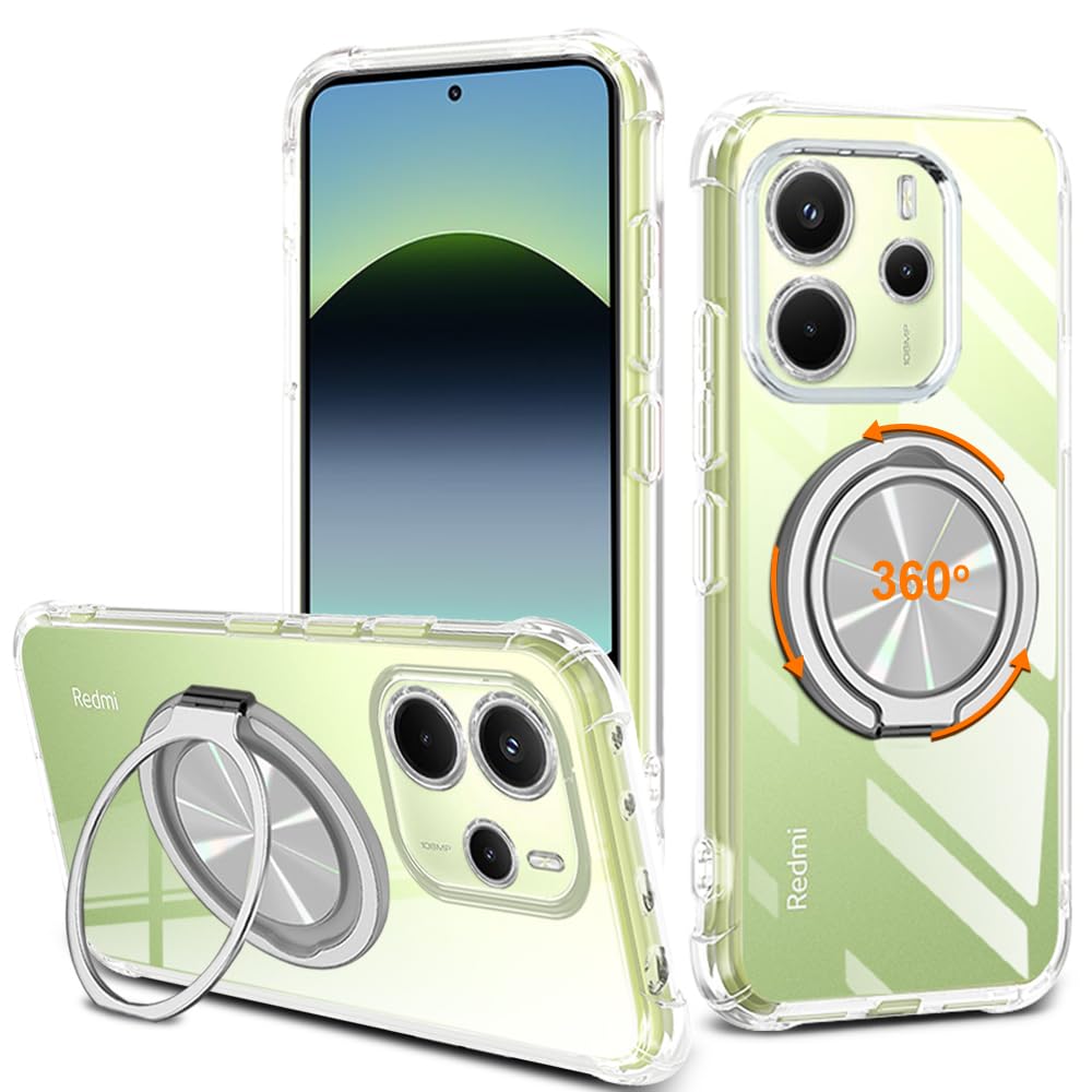 Photo 1 of for XiaoMi RedMi Note 14 5G Phone Case, 360° Rotatable Ring Holder Kickstand/Stand [Non Yellowing] Transparent 4 Corners Shockproof Protective Cover Case for Redmi Note 14 5G 2025 - Crystal Clear