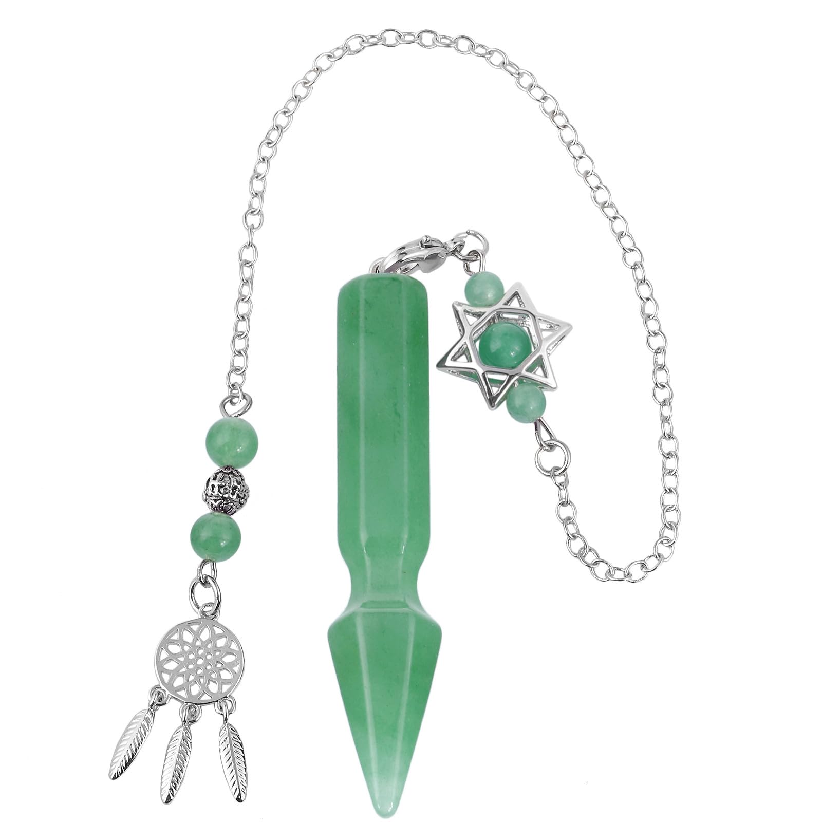 Nupuyai Green Aventurine Crystal Stone Point Dowsing Pendulum for Divination Scrying, Arrow Shape Healing Stone Pendulum with Merkaba Star Dream Catcher Chain