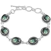 Natural Amethyst Moonstone Lapis Labradorite Garnet Malachite 925 Silver Plated Handmade Link Bracelet for Women - Bohemian Vintage Style Birthstone Jewelry Bracelet Gifts for Mom Wife Her