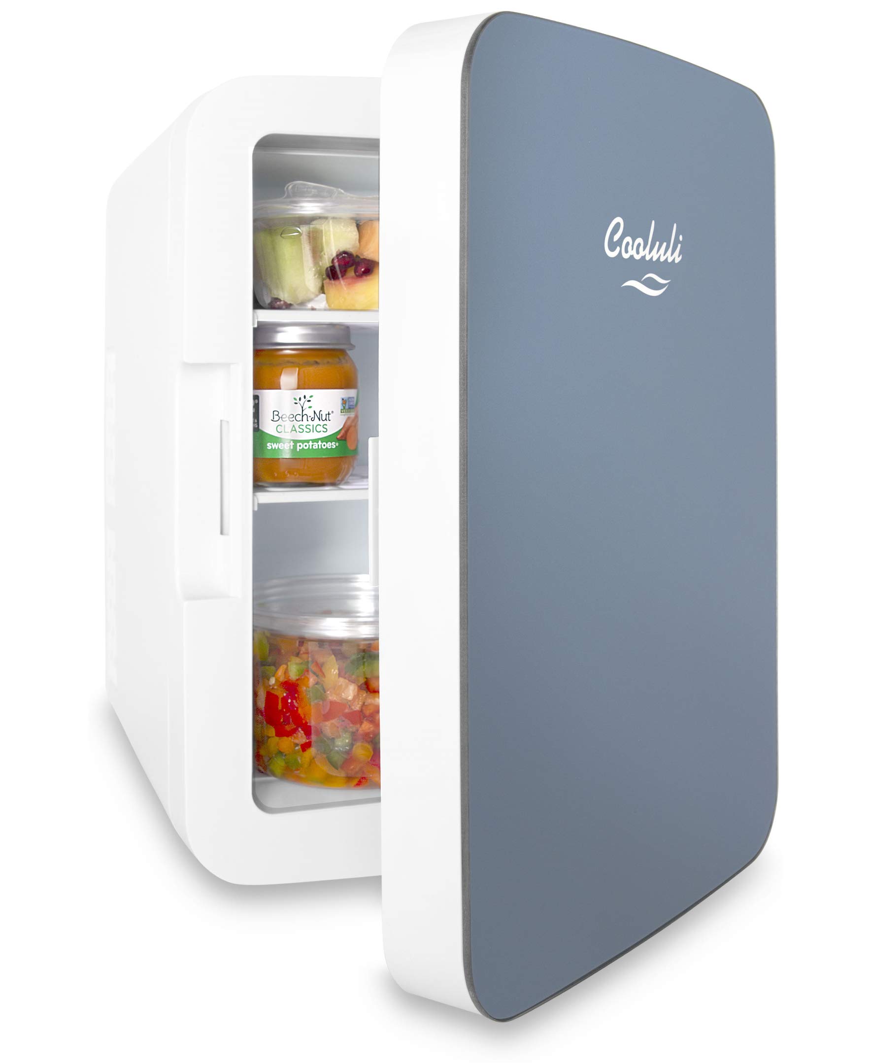 Cooluli 10L Mini Fridge for Bedroom - Car, Office Desk & College Dorm Room - 12v Portable Cooler & Warmer for Food, Drinks, Skincare, Beauty & Makeup - AC/DC Small Refrigerator with Glass Front, Blue