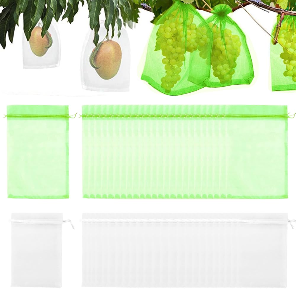 TRKETK 50 Pcs Protection Bags with Drawstring Netting, Garden Plant Cover Mesh for Trees (White and Green)