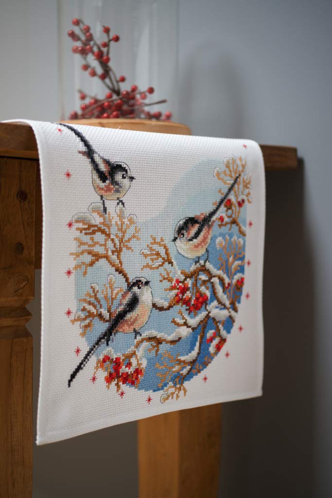 Vervaco Counted Cross Stitch Kit: Runner: Long-Tailed Tits & Red Berries, Cotton, NA, 32 x 84cm