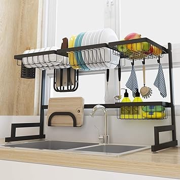 WYQ Über der Spüle Geschirrtrockner, Edelstahl Abtropffläche, Schwarz