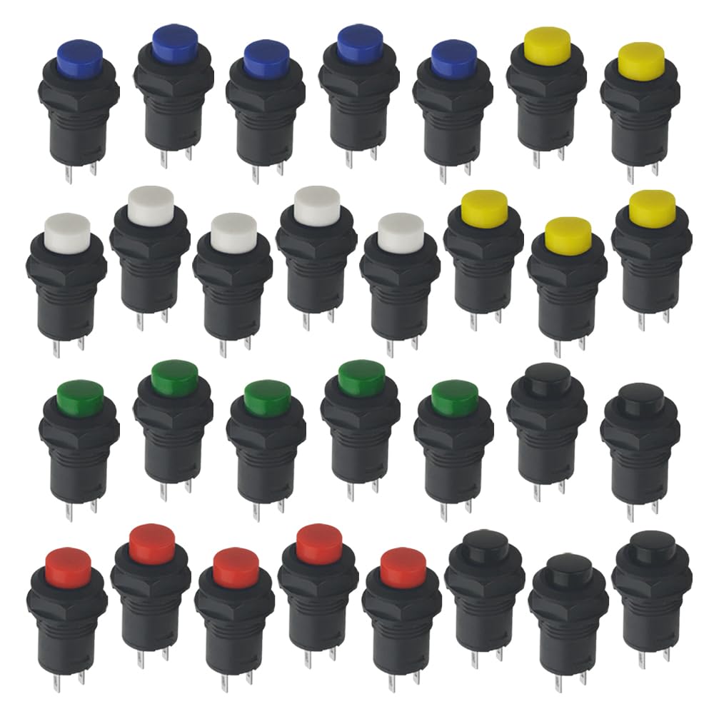 WMYCONGCONG 30 PCS 12mm Self-Locking Latching Push Button Switch SPST ON/OFF AC 250V/1.5A 125V/3A, Lockable Mini Round Rocker Switch for Car Trumpet, PC, Table Lamp, Home Doorbell