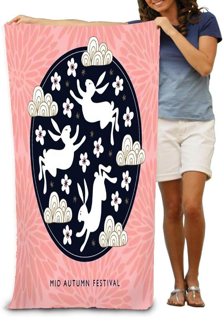 YILINGER Bath Towels Mid Autumn Festival Invitation with Jade Rabbits Moon Silhouette Pink Chrysanthemum Beach Towels 31.5"x51"inches
