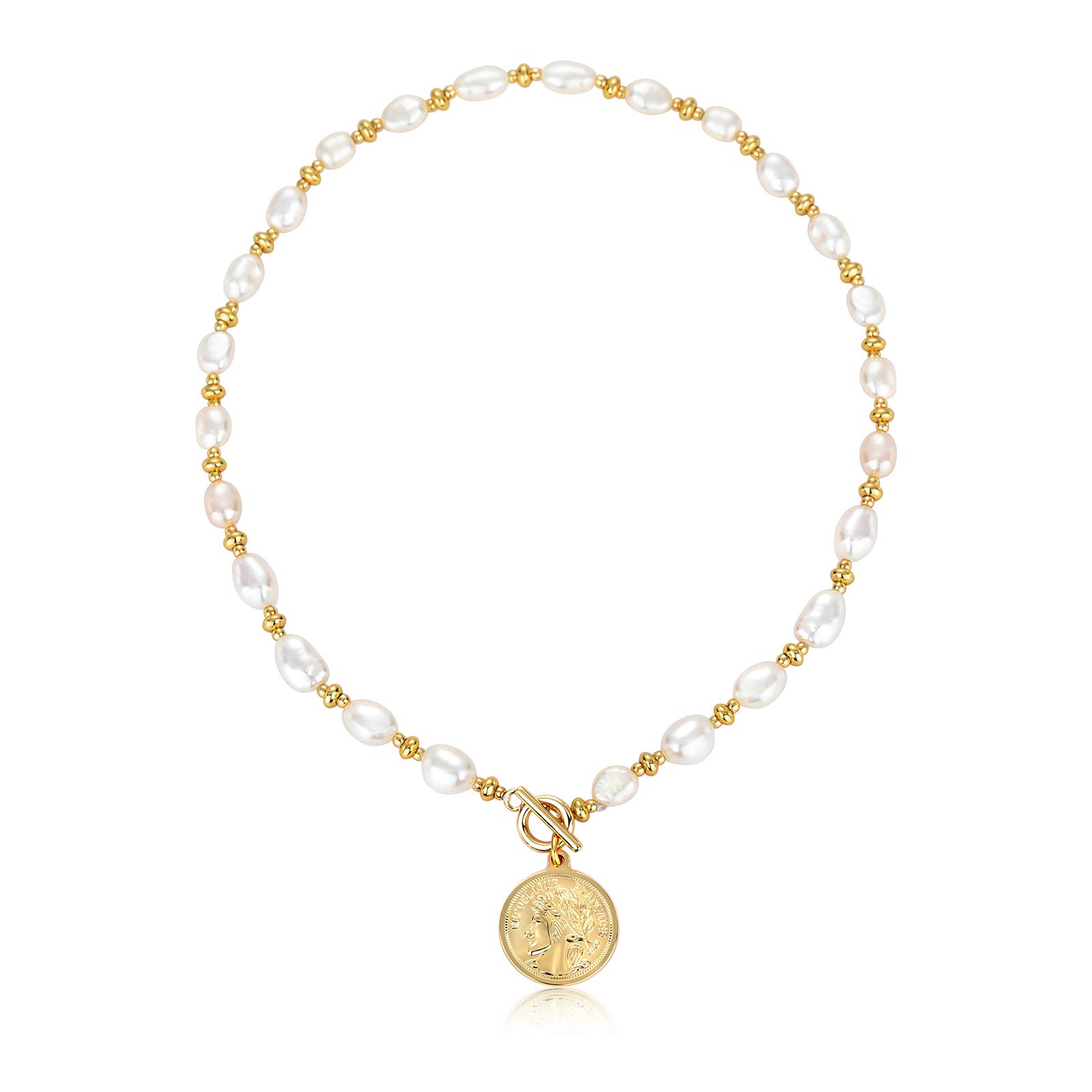 KVLmoze Coin Pearl Choker Necklace 8mm Cultured Handpicked Pearl 18K Gold Plated Bead Ball Chain Coin Charm Pendant Dainty Vintage Jewelry Gifts for Women Girls