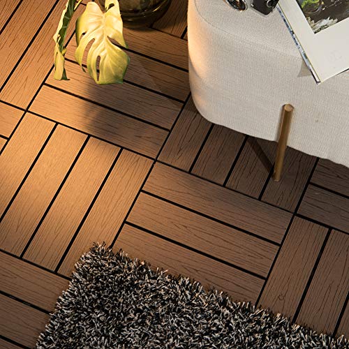 PANDAHOME 22 PCS Deck & Interlocking Flooring Tiles, 12"x12", Wood-Plastic Composite Patio Tiles, Water Resistant for Indoor & Outdoor, 22 sq. ft - Coffee Wood Grain