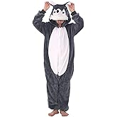 LOBUJOU Animal Hooded Costume for Kids Boys Girls Flannel Onesie Halloween Cosplay One Piece Husky