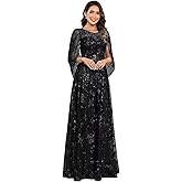 Thinksea Sparkly Mother of Bride Dresses Lace Appliques Cape Sleeves Tulle Crew Neck A-Line Long Elegant Formal Dress