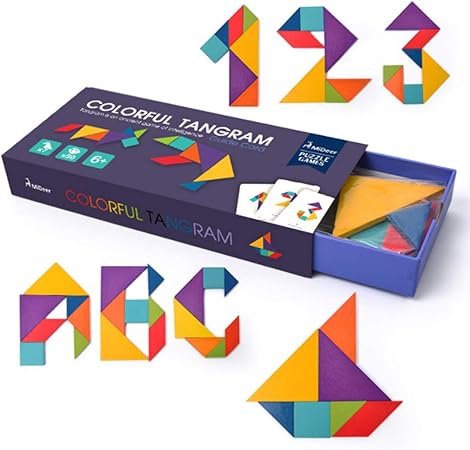 Amazon タングラム パズル 知育玩具 木の玩具 知恵の板 たんぐらむ カード付き カラフル すうじ 図形 計算 おもちゃ