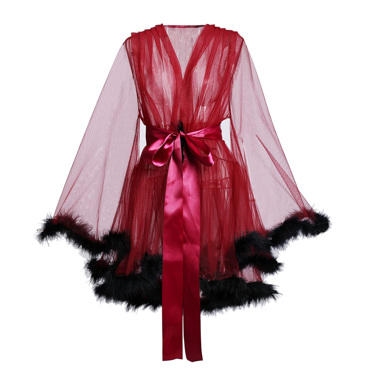 Photo 1 of **MISSING BELT**
BPURB Women's Tulle Robe with Feather Photoshoot Bathrobe Illusion Wedding Gown for Party (Medium, Wine red)