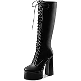 Perisis Women's High Chunky Heel Platform Knee High Boots Fashion Leather Lace Up Heeled Long Boots Wide Calf