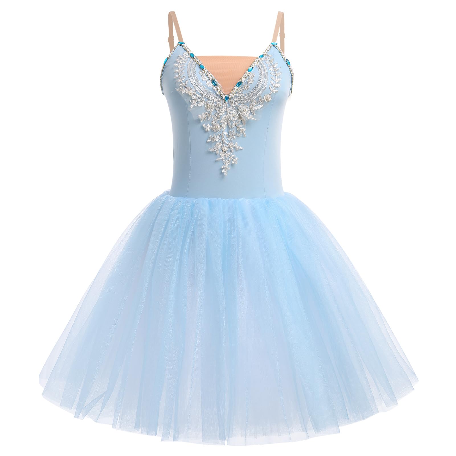 Photo 1 of AFAVOM Dance Leotards for Women Ballerina Swan Lake Costumes Adult Ballet Dance Dress Long Tulle Camisole Skirted Leotard Embroidery Lace Beaded Tutu Princess Dress for Performance Dancewear Blue M