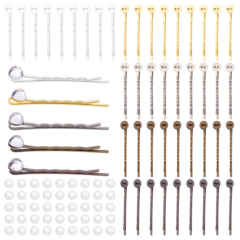 PH PandaHall 50 Sets 5 Colors Hair Bobby Pins, 50pcs Hair Clips Tray Hair Pins Setting Blank Bobby Hair Pins Base and 50pcs Glass Cabochons for Cameo DIY Barrettes Hairpins Findings