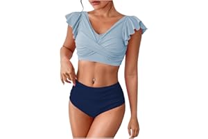 VOGFFR Two Piece Swimsuit for Women High Waist Bikini Set Tummy Control Padded Swimsuit Bathing Suit with Ruffle Sleeves