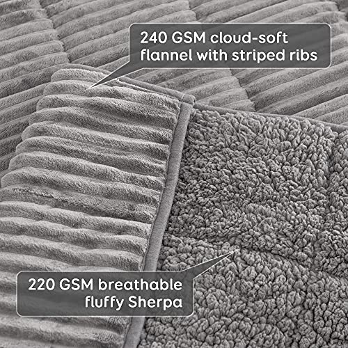 Sherpa Fleece Weighted Blanket for Adult, 15lbs Thick Fuzzy Bed Throw with Ribbed Stripes, Dual Sided Cozy Fluffy Weighted Blanket with Premium Beads for Bed, Couch, 60 x 80 Inches, Grey