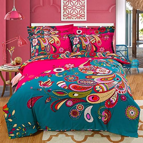 Boho Bedding Set Queen Size Bohemian Zipper Closure Duvet Cover Sets With Flat Sheet 4-Piece Pure Thick Sanded Cotton Excellent Feeling Winter Heavyduty Soft Comfortable Bedclothes