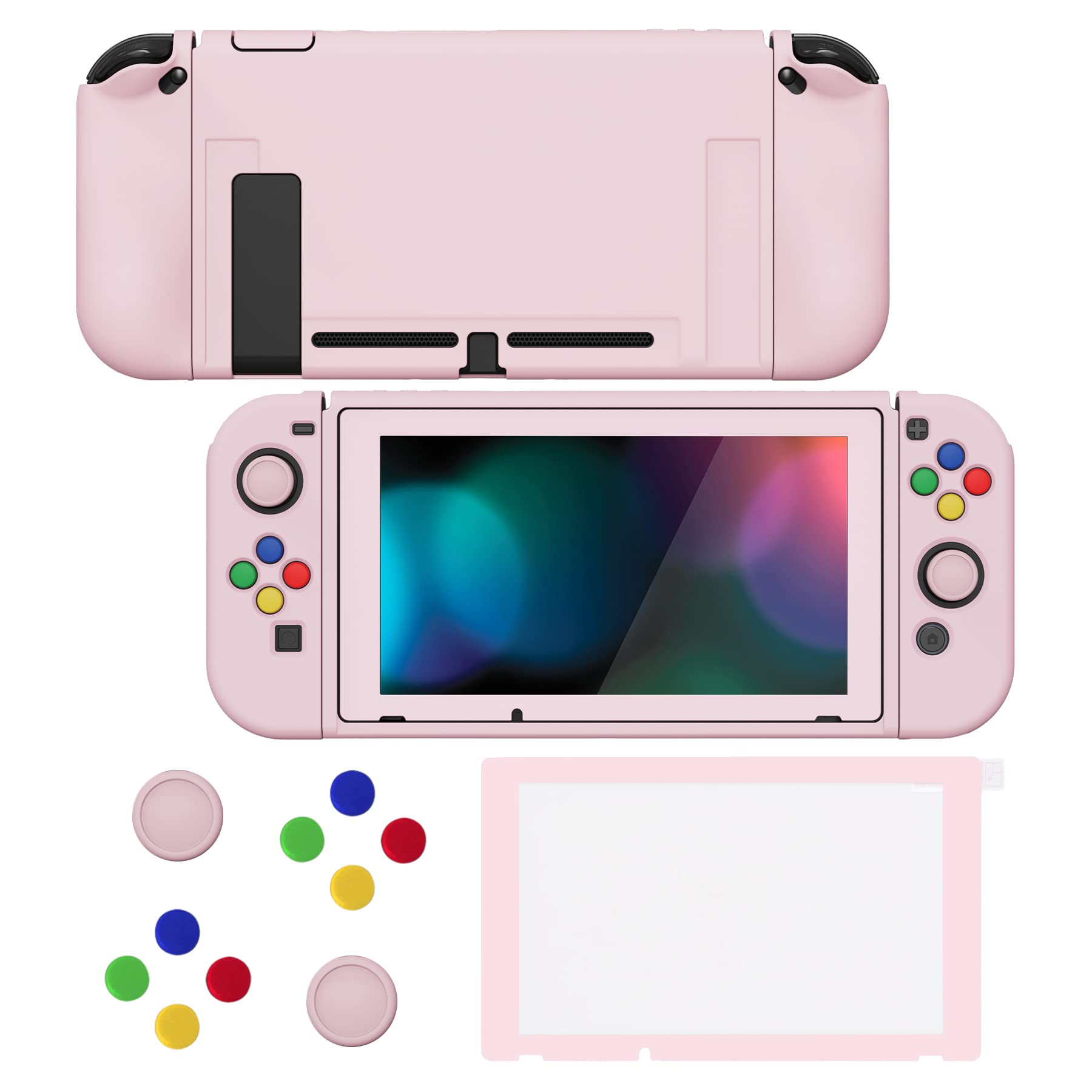 playvital ZealProtect Soft Protective Case for Nintendo Switch, Flexible Joycon Cover Slim Cover for Nintendo Switch with Screen Protector & Thumb Grips & Direction Button Caps - Cherry Blossoms Pink