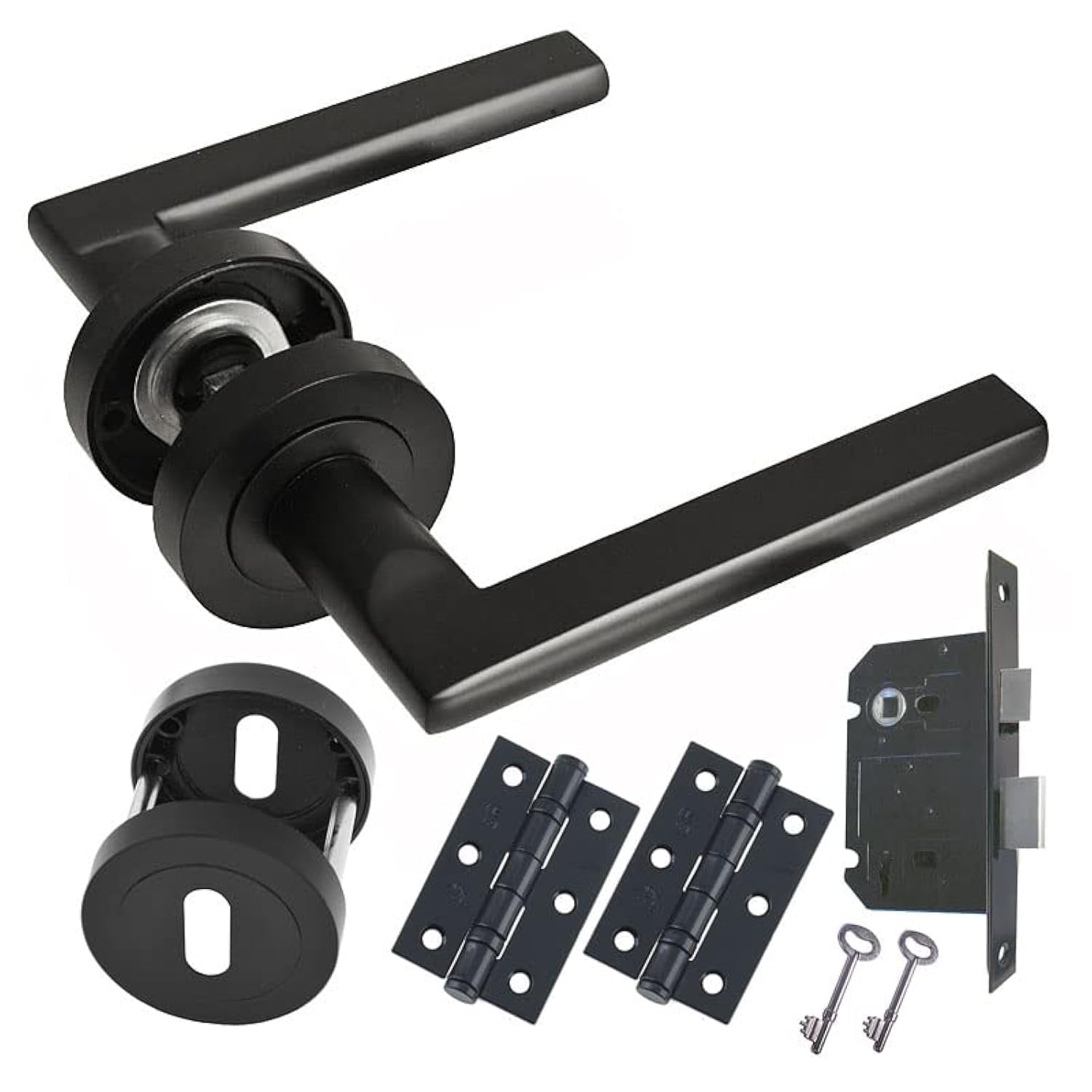 HANDLESTORE Straight Lever on Rose Door Handle - Matt Black Door Handles - Latch, Lock or Bathroom (Lock Pack)