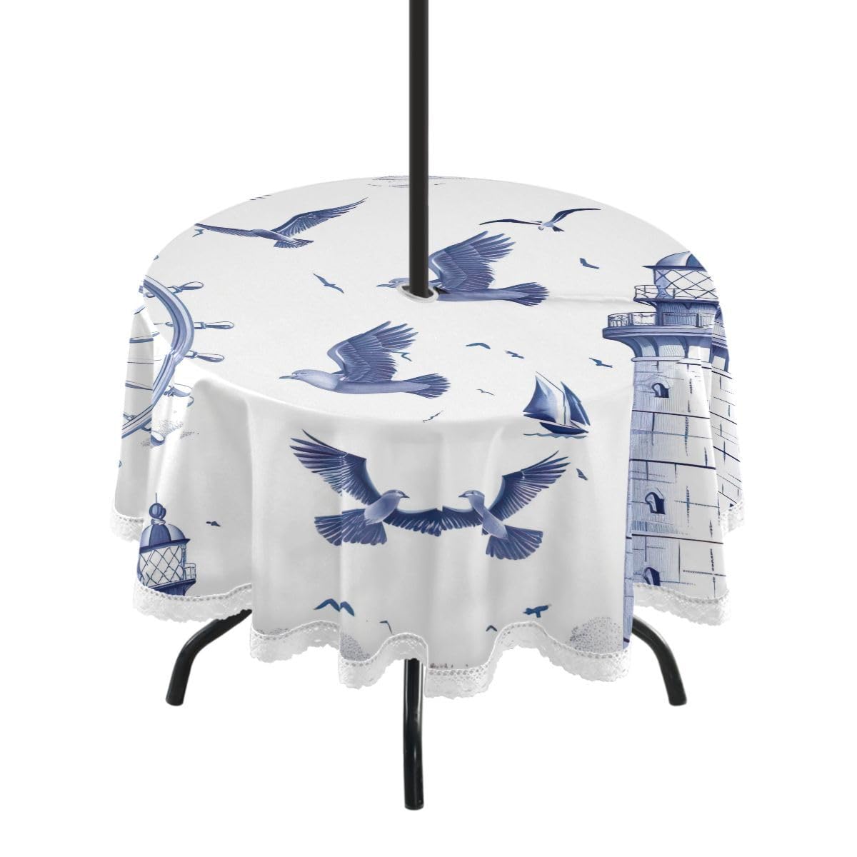 JUMBEAR Waterproof Round Tablecloth with Umbrella Hole and Zipper,Outdoor Tablecloth Table Cover for Indoor & Outdoor Patio Garden Party and BBQ-Blue Retro Lighthouse