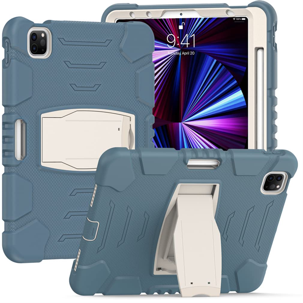 Case for iPad Pro 12.9 Inch 2021/2020/ 2018(5/4/ 3 Generation) with Pencil Holder, Robust Shockproof Protective Case with Concealed Bracket,Chrysanthemum Blue