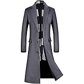 ebossy Men's Wool Blend Full Length Overcoat Single Breasted Long Coat with Flap Pocket