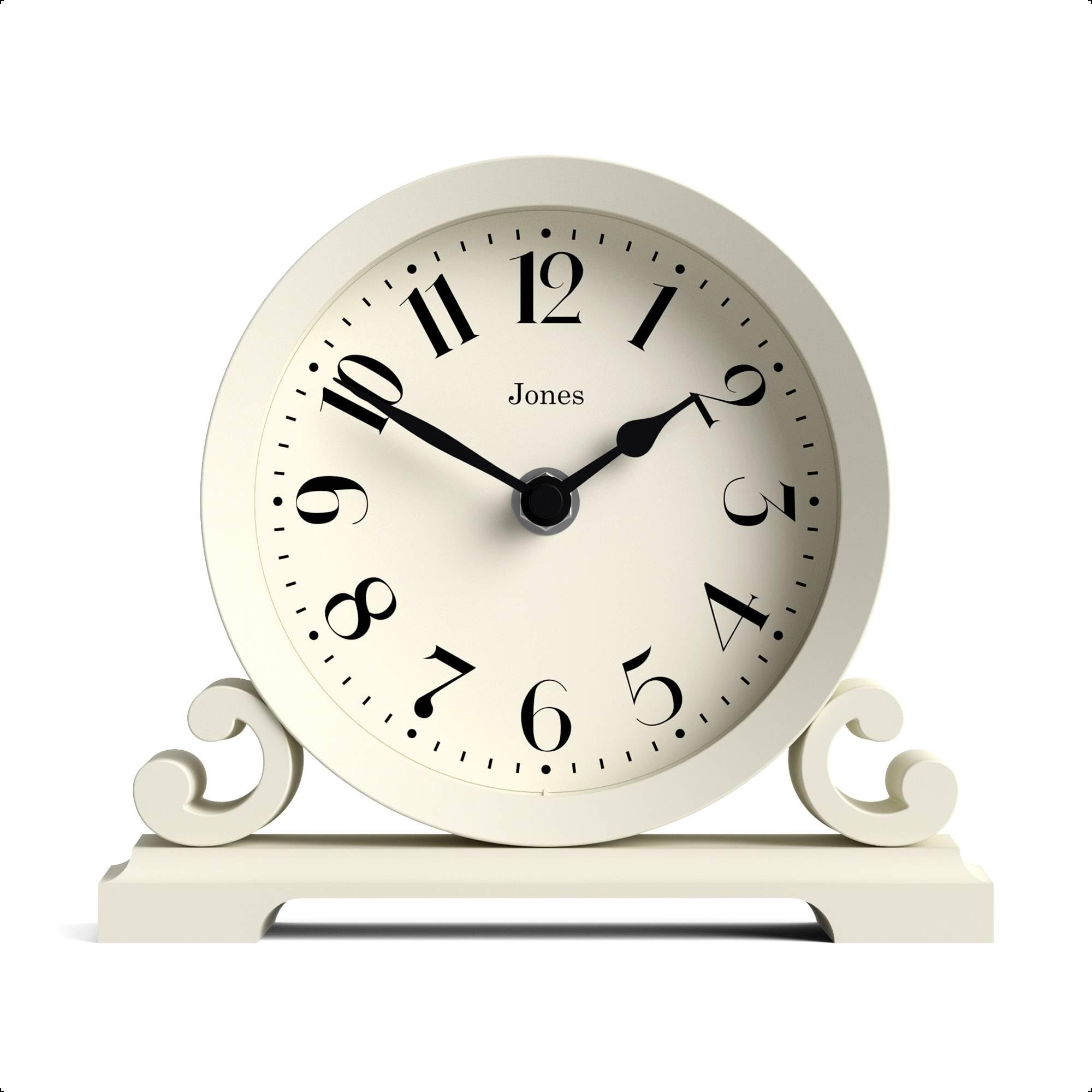 Jones Clocks® Saloon mantel clock | Small traditional double scroll design | Pale Cream | Contemporary classic style for desk, table, shelf or bedside