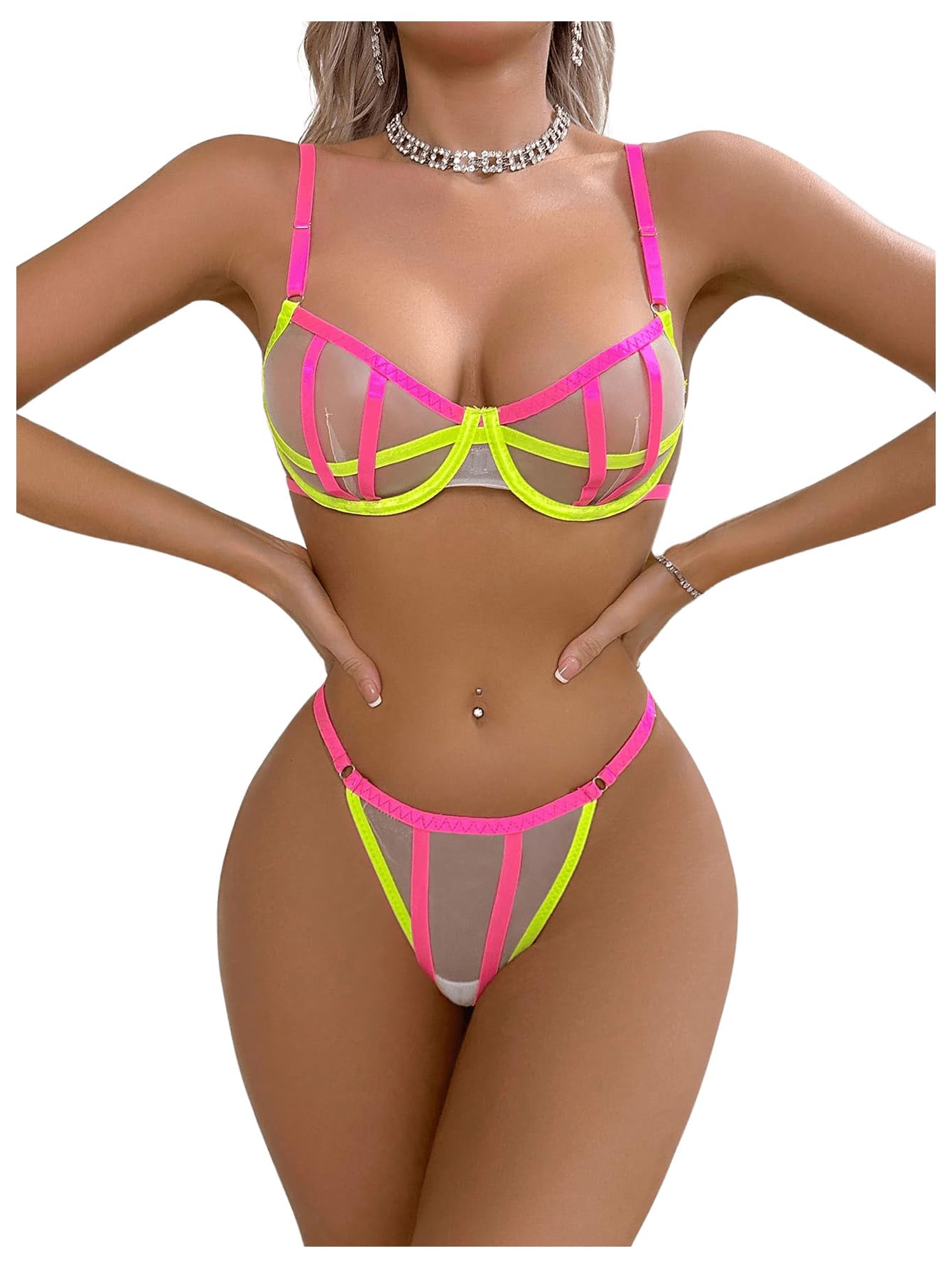 Photo 1 of SOLY HUX Women's Sexy Lingerie Set Sheer Mesh Cutout Bra and Panty Underwear Sets Neon Yellow Pink Medium