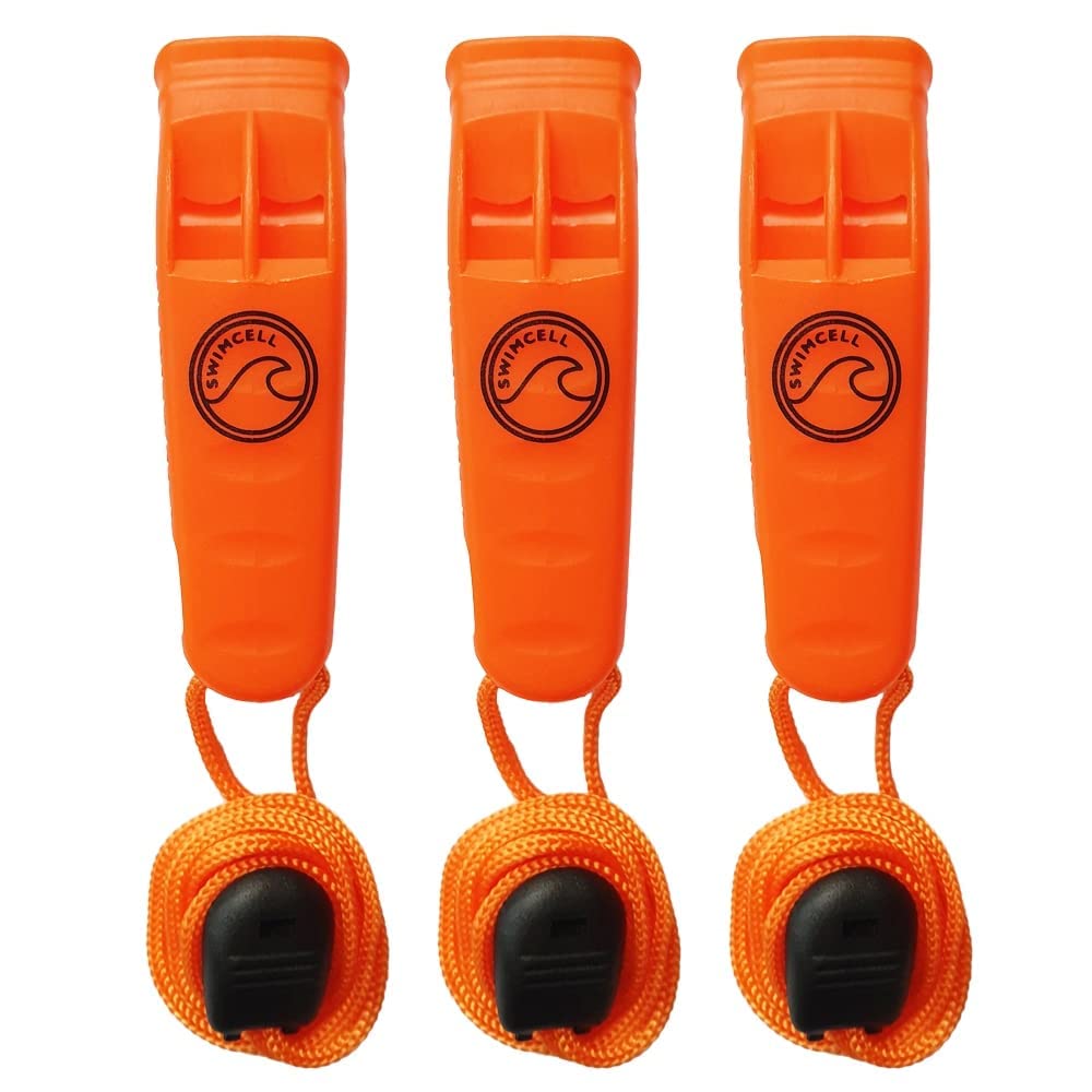 SwimCell Emergency Whistles – Waterproof Whistle For Swimming, Hiking and Survival. Extra Loud >85 dbl, 2 Tone, Pealess, Plastic Safety Marine Use With Lanyard And Clip. Pack of 3 - Orange