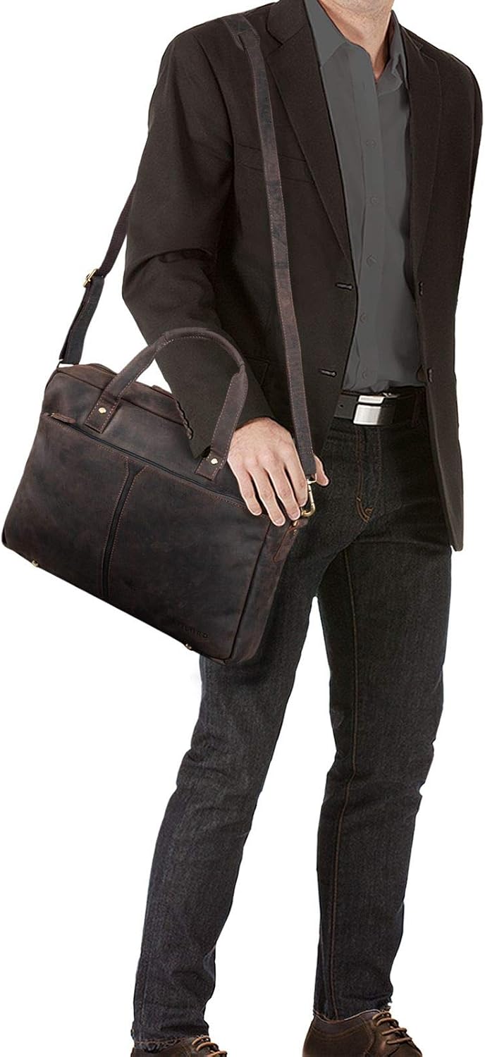 STILORD 'Geralt' Vintage Leather Bag Men Messenger Briefcase Satchel Shoulder Bag Large 15,6 inch Notebook Bag Attachable, Colour:Dark - Brown - Image 3