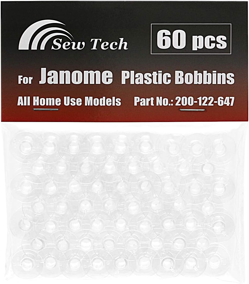 Sew Tech 60pcs Bobbins for Janome 2212 HD3000 HD1000 Magnolia 7330 JW8100 MC500E QDC Skyline Sewist MC Series etc. Embroidery Sewing Machine, Plastic Clear Class 15 Bobbin