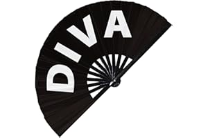 FAN-DOM Diva Hand Fan Foldable Bamboo Circuit Rave Hand Fans Pride Slang Words Fan Outfit Party Gear Gifts Music Festival Rave Accessories (Black)