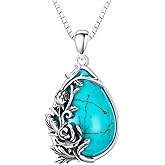 DOLIOX Genuine Turquoise Teardrop Pendant Necklace with Rose, Sterling Silver Boho Native Western Jewelry Birthdays Gift for Women