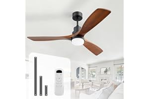 Sofucor 52 Inch Solid Wood Ceiling Fans With Lights, Low Profile Ceiling Fan with Light and Remote, 3 Downrod, Reversible DC Motor, Indoor/Outdoor 3 Blade Ceiling Fan Light for Bedroom Farmhouse Patio