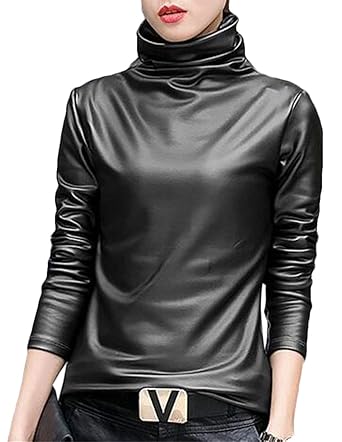 Cryyu Women Long Sleeve Turtle Neck Slim Faux Leather Fleece