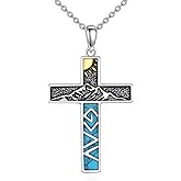 ANGSAU Turquoise Cross Necklace for Men Women S925 Sterling Silver Turquoise Pendant Necklaces Cross Jewelry Gifts