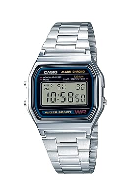 Casio A158WA Series | Unisex Digital Watch | Silver/Black | Vintage | WR | 100 SEC Stop Watch | Daily Alarm | Regular Time Keeping: Hour, Minute, Second, PM, Date, Day | Led Light | 7 Yr Battery