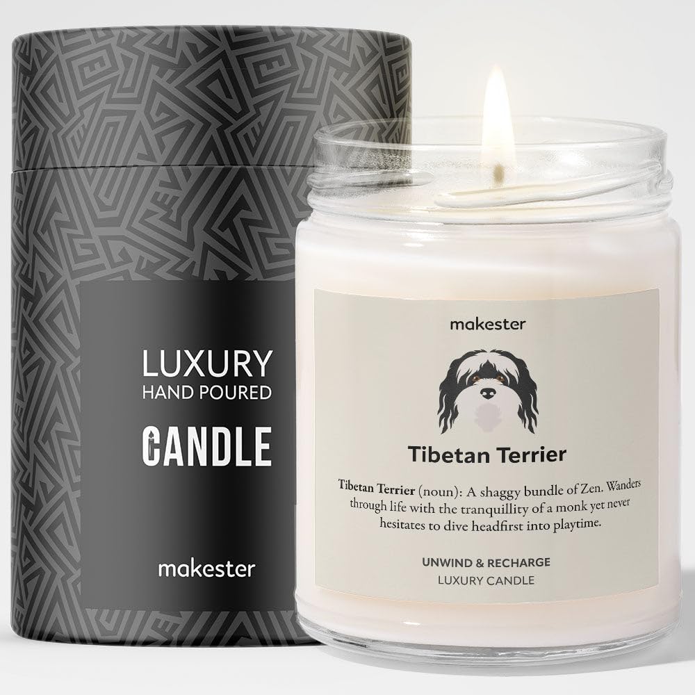 Tibetan Terrier Gifts - Luxury Soy Wax Candle - Vanilla, Jasmine, Sugared Almond - Makester
