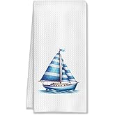 HUGANE Nautical Sailboat Kitchen Towels, Coastal Beach Hand Towels for Bathroom, Sailing Gifts for Women Men, Gifts for Boat Owners Sailors, Nautical Dish Towels, Boat Captain Gifts, 16x24 Inch