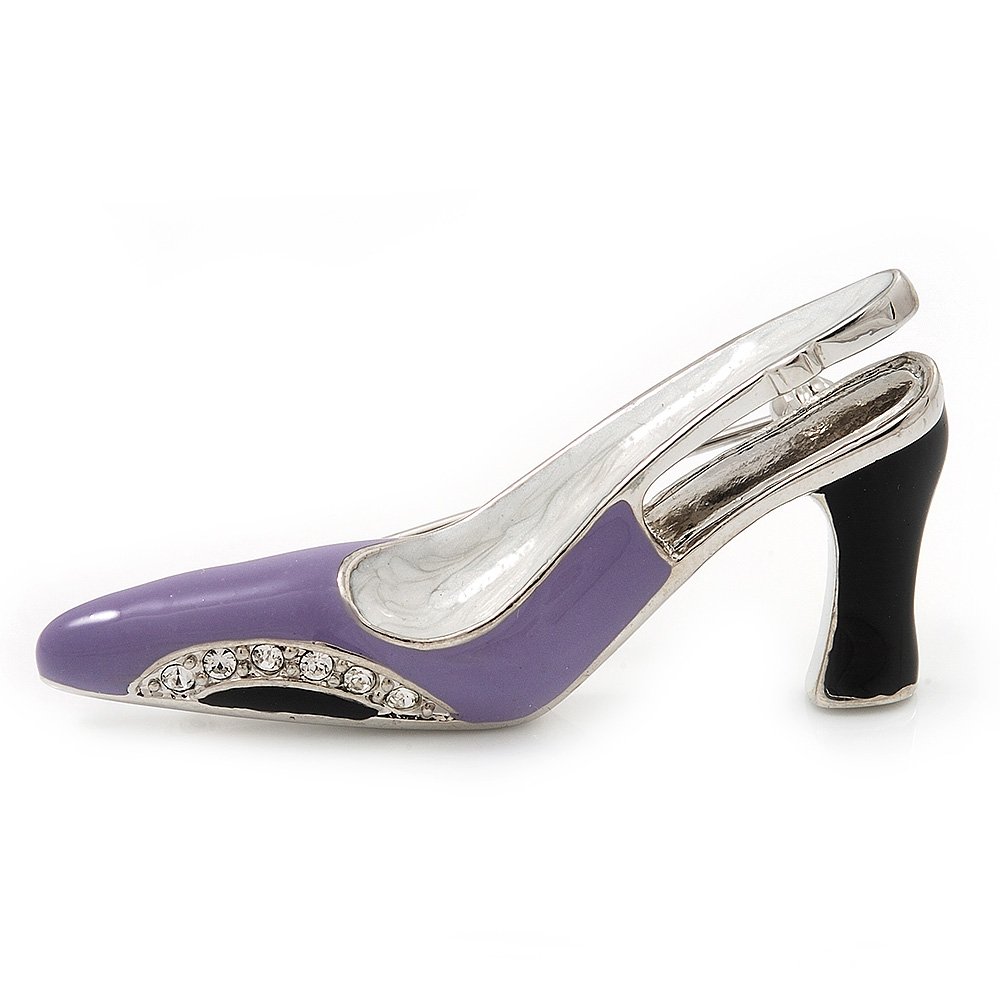 Lilac/Black Diamante Enamel 'Shoe' Brooch In Silver Plated Metal - 5cm Width