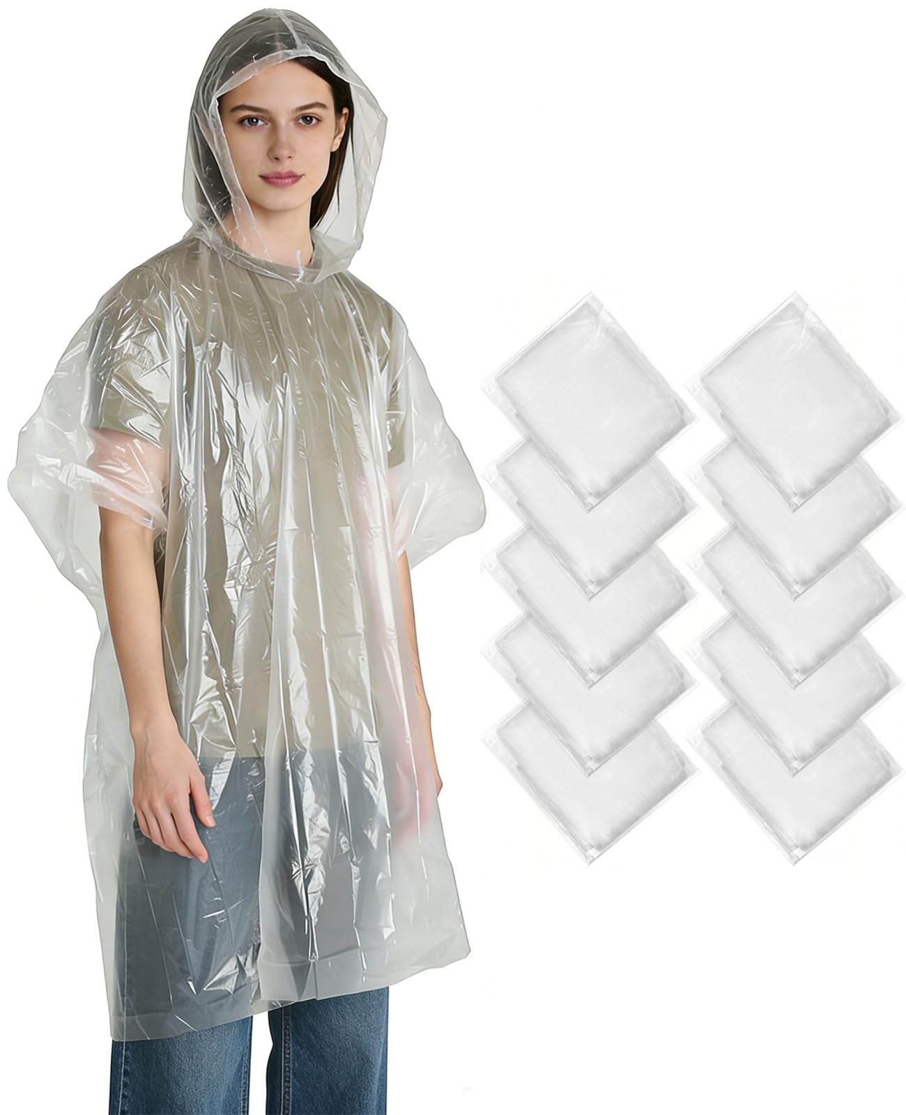 KAshack 10er Pack Einweg Regenponcho Durchsichtig für Damen Herren | 0.035mm Verdickt Wasserdichtes Regencape mit Kapuze | Leichter Notfallponcho für Festival, Camping, Konzert, Reise
