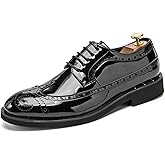 Men's Sparkle Patent Leather Brogue Wingtip Lace Up Dress Oxford Shoes Tuxedo Modern Round Toe Slip On Derby Shoes for Wedding Evening Party