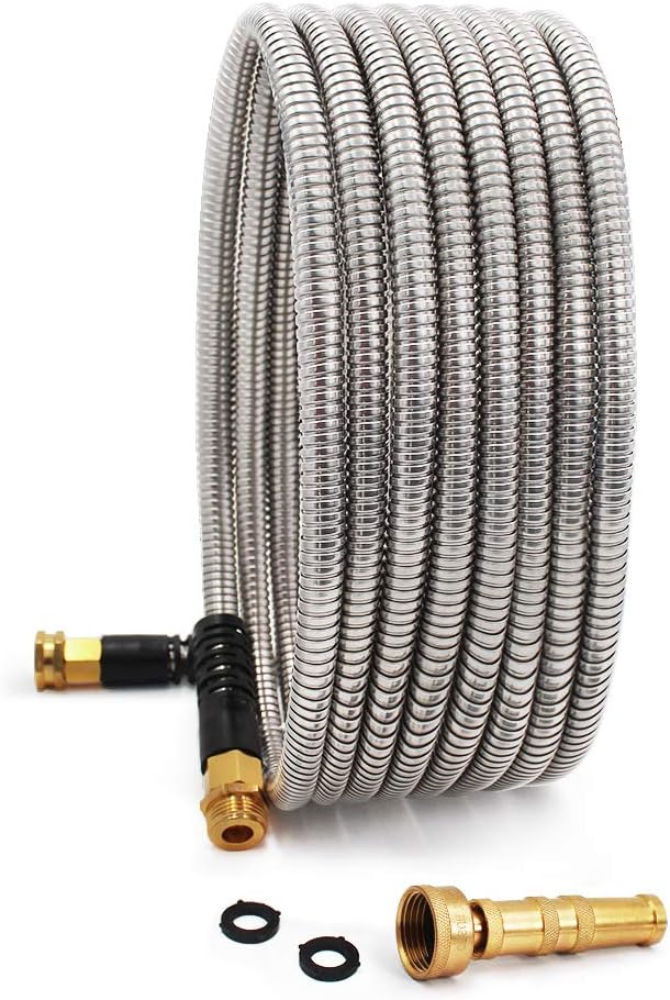 Cesun 25 Feet 304 Stainless Steel Metal Garden Hose with Solid Brass Nozzle, Lightweight Portable Durable Cool to The Touch, Flexible and No Kink, Tangle Puncture Resistant (25 Feet Upgraded) : Garden & Outdoor